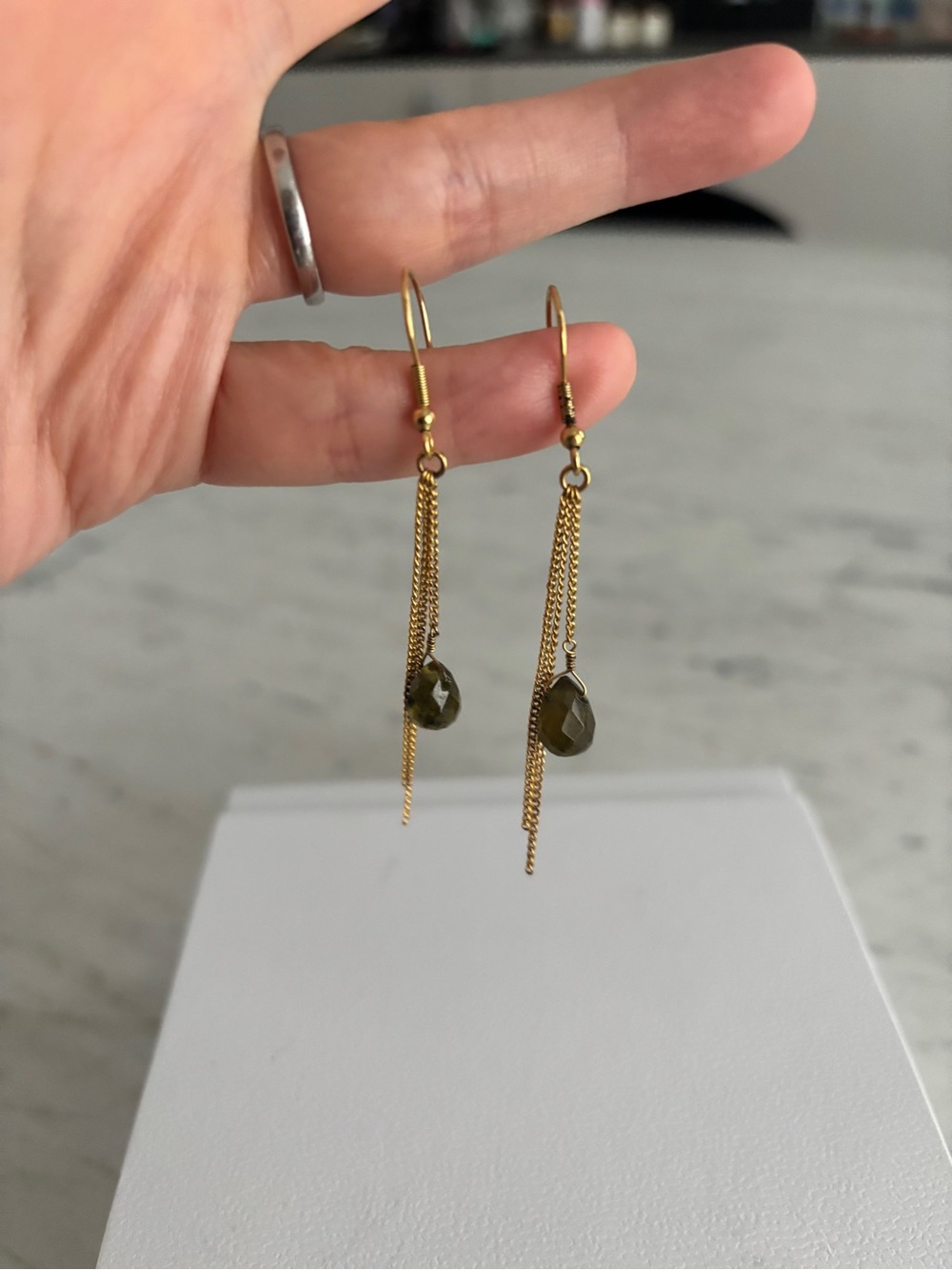 Chain Drop Earrings with Olive Green Gemstone